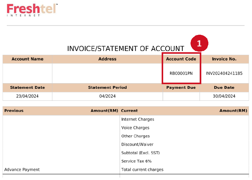 show account code, biller code